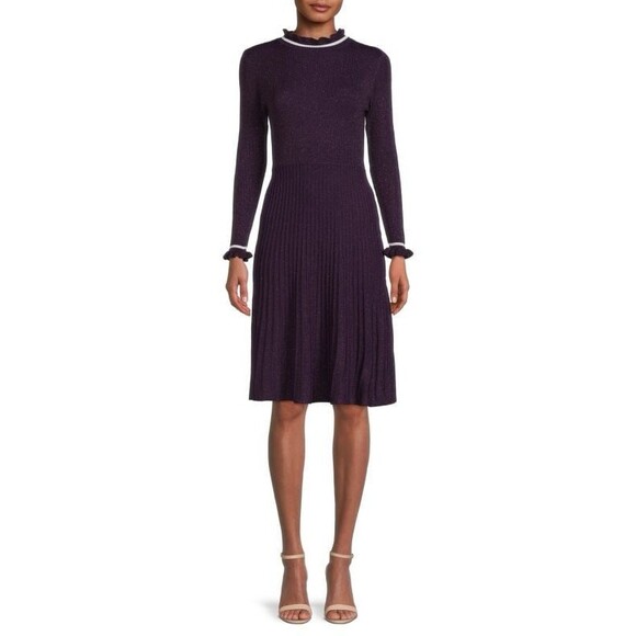 Nanette Lepore Gabriella High Neck Ruffle Trim Metallic Tipped Sweater Dress XS - Picture 1 of 5